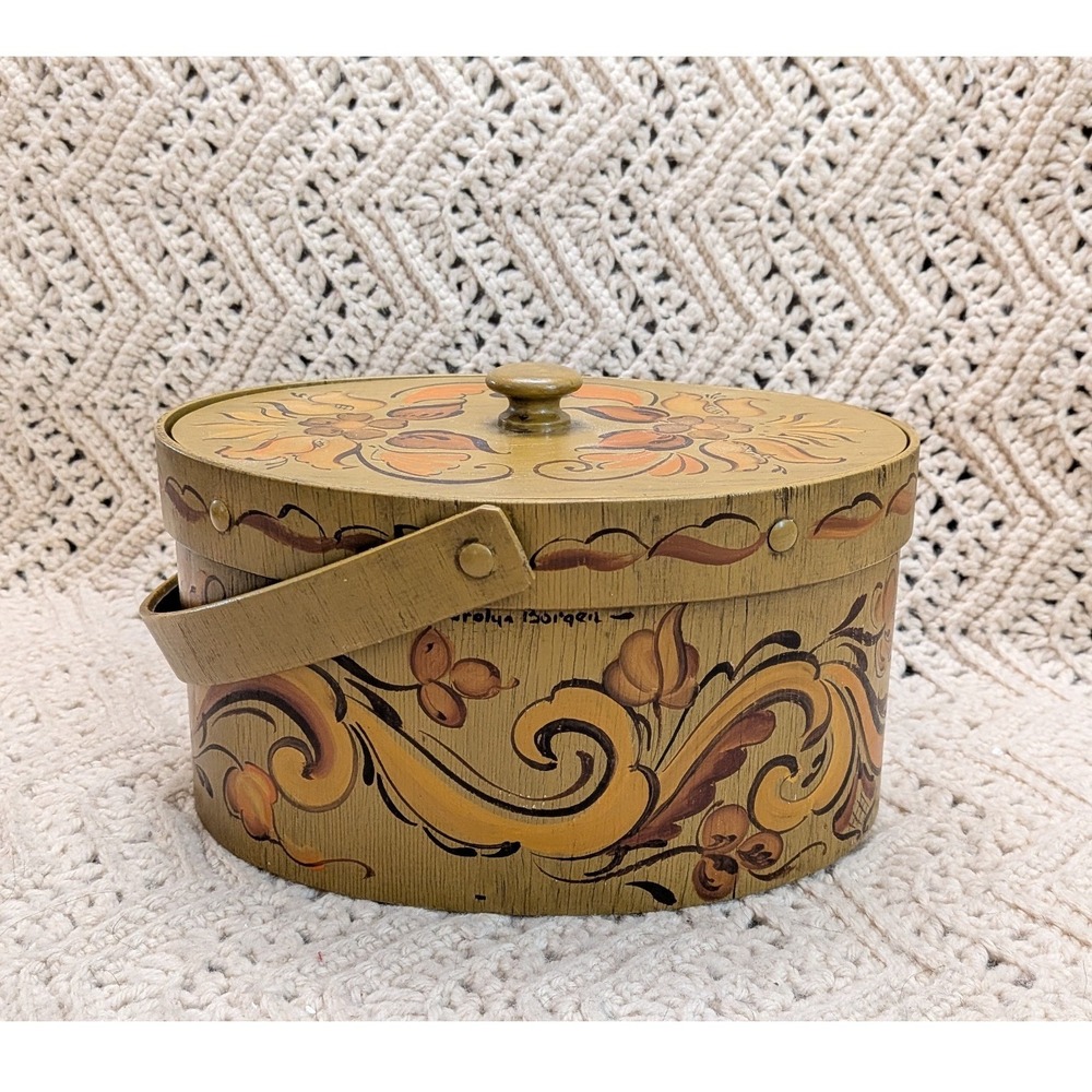 Carolyn Borgen Painted Rosemaling Wooden Shaker Box Oval Floral Folk Art Yellow